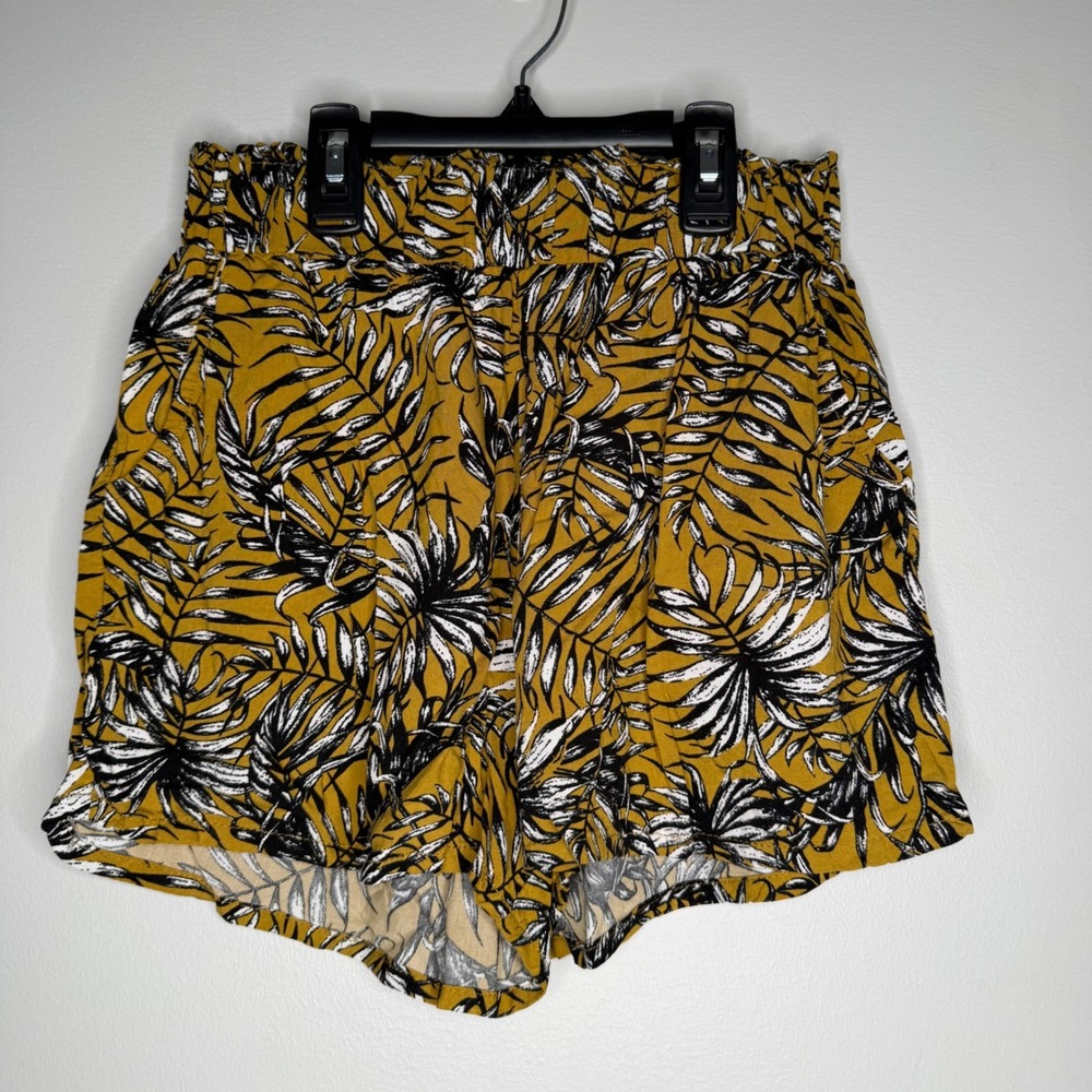 Primark Shorts Womens Size 4 Yellow Tropical Palm Leaf Elastic Waist Pockets